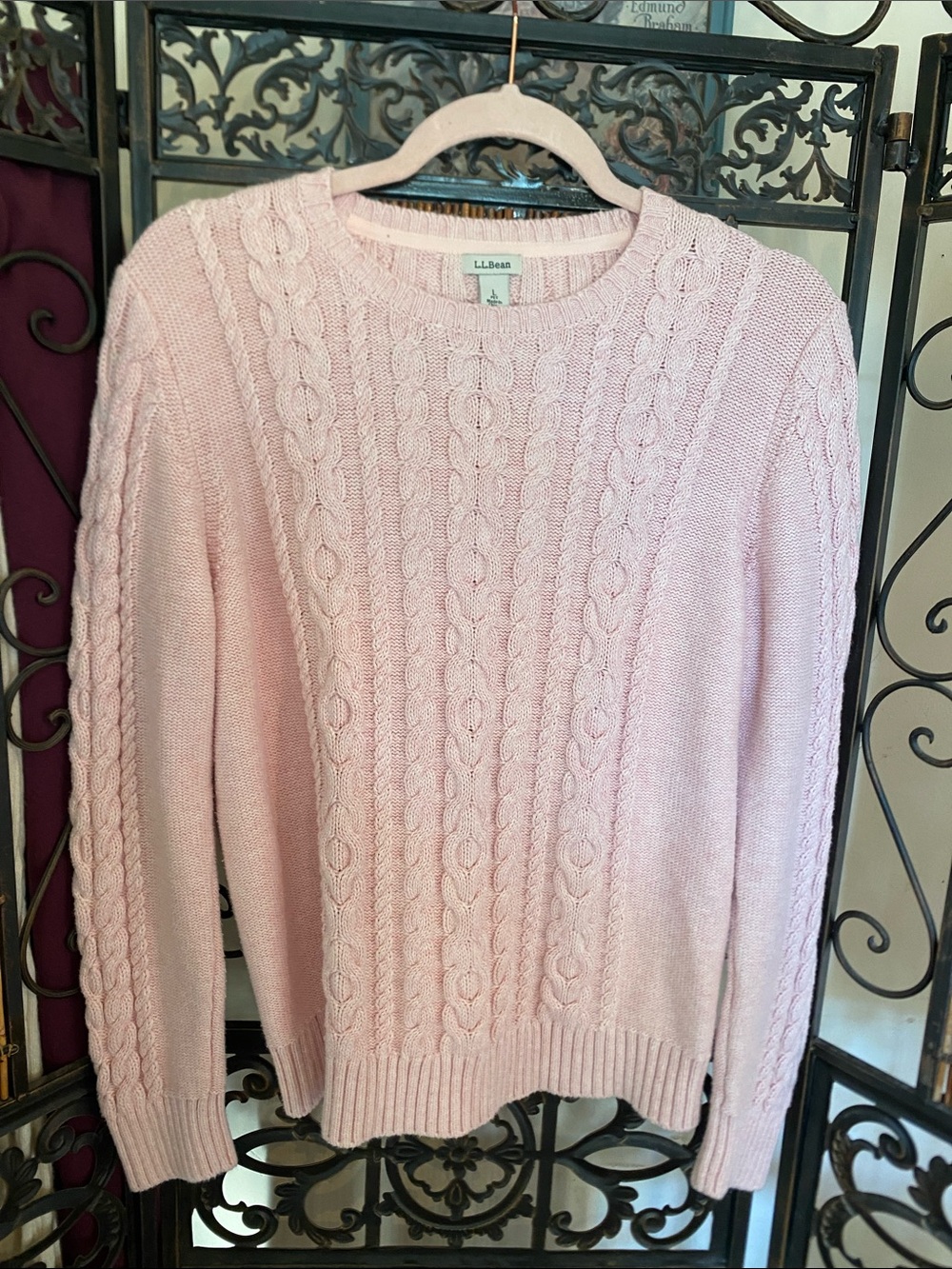L.L. Bean Women's Cable Crew Sweater in Pale Pink
